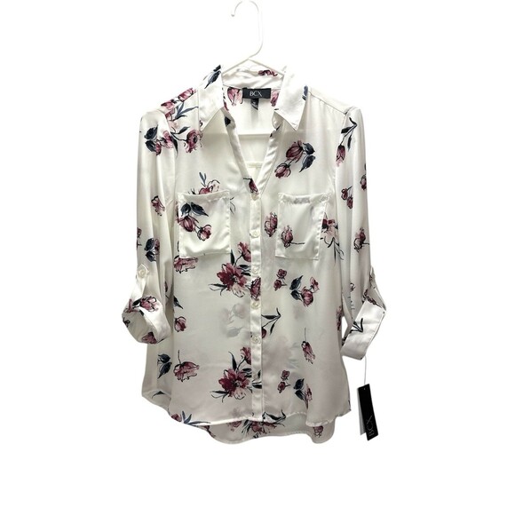 New BCX Floral Button-Down Blouse‎ With Roll-Up Sleeves Medium White Pink Sheer - Picture 1 of 11